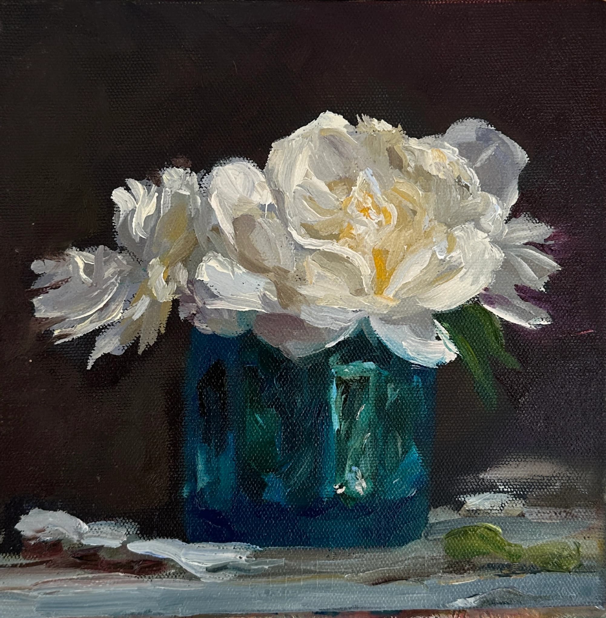 Peonies and Roses on a chair, still life Oil Painting by Reyhan Uyanik